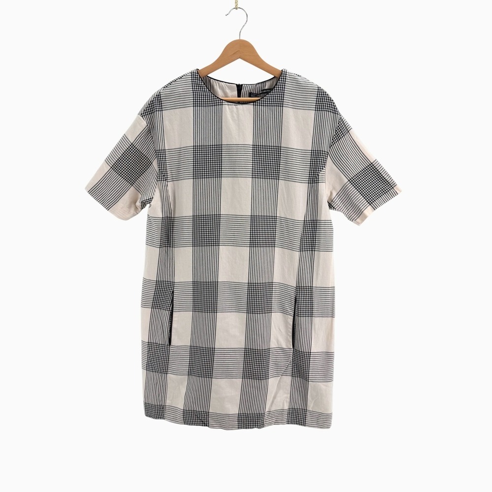 Zara Trafaluc Plaid Shift Dress Size M Black White Short Sleeve Mod Mini Tunic
